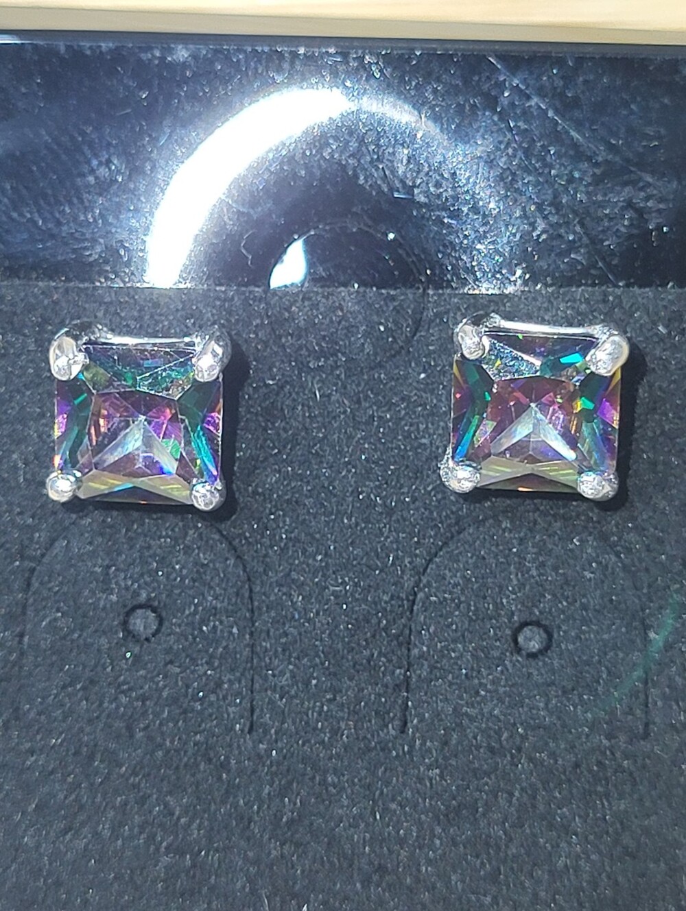 Mystic Square Cubic Zirconia Stud Earrings With 925 Sterling Silver- Iridescent